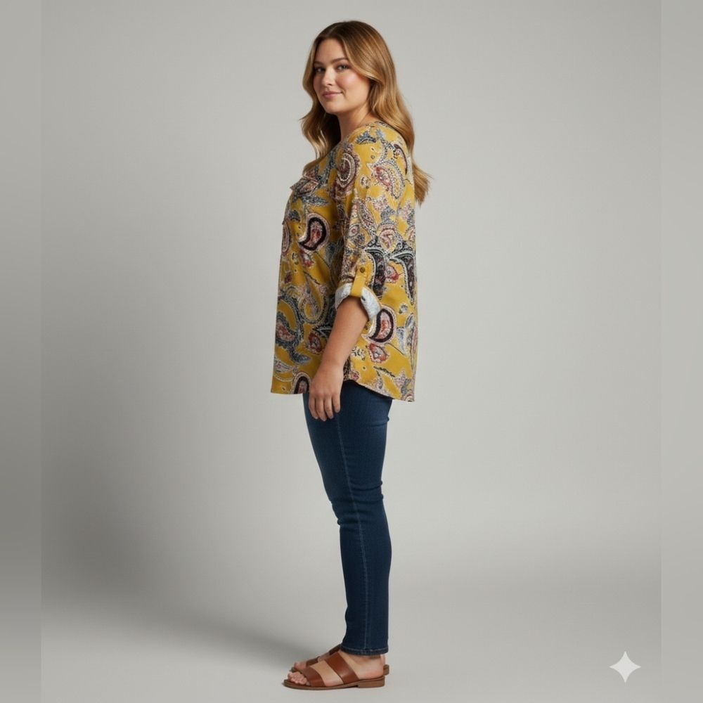 PerSeption Concept Women's Yellow Paisley Print Roll Tab 3/4 Sleeve Blouse Sz XL - Picture 11 of 11